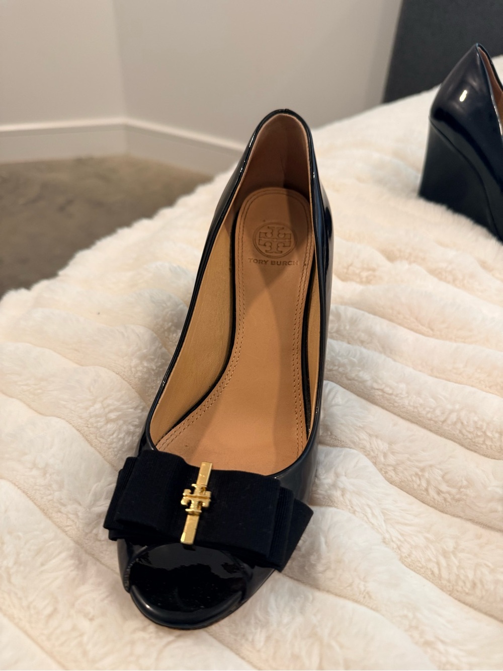 Tory Burch Black Patent Peep-Toe Wedge with Gold Logo Bow